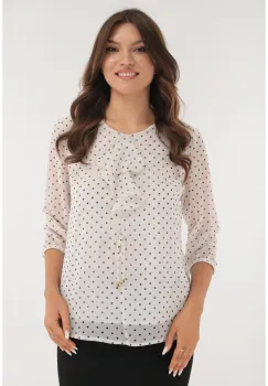 Bluza eleganta alba cu buline negre si volan la decolteu imagine