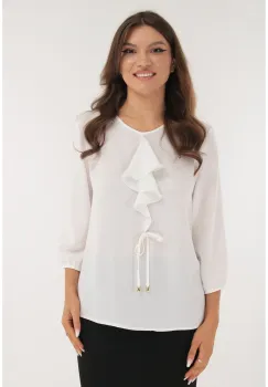 Bluza eleganta alba cu volan la decolteu imagine