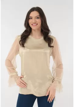 Bluza eleganta bej cu maneci din tulle imagine