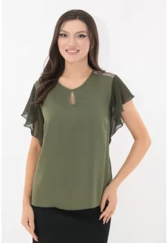 Bluza eleganta din satin olive cu volanase imagine