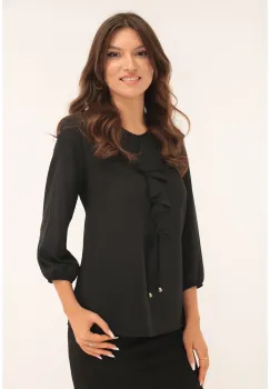 Bluza eleganta neagra cu volan la decolteu imagine