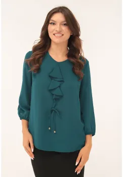 Bluza eleganta turcoaz cu volan la decolteu imagine