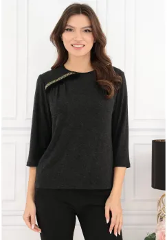 Bluza gri antracit cu blanita decorativa la decolteu imagine