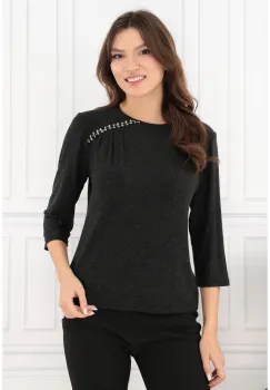 Bluza gri antracit cu detalii ivory la decolteu imagine
