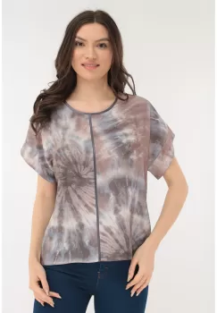 Bluza gri cu print abstract si banda satinata gri imagine