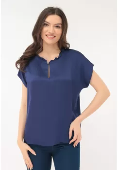 Bluza indigo cu volanas la decolteu imagine