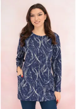 Bluza indigo din jerse cu print abstract gri si buzunare imagine