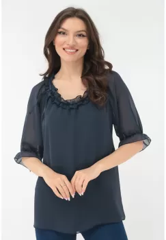 Bluza lejera bleumarin cu volanas la decolteu imagine