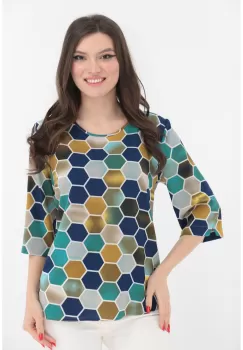 Bluza lejera cu romburi bleumarin si turcoaz imprimate imagine