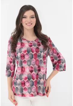 Bluza lejera cu romburi ciclamen si gri imprimate imagine