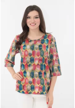 Bluza lejera cu romburi turcoaz si roz imprimate imagine
