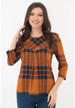 Bluza lejera mustar cu imprimeu in carouri bleumarin imagine