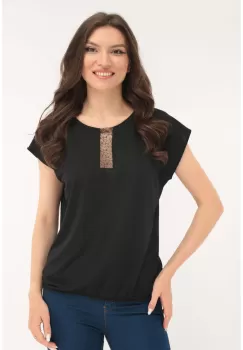 Bluza lejera neagra cu broderie la decolteu si elastic la tiv imagine