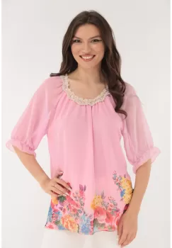 Bluza lejera roz cu bordura florala imagine