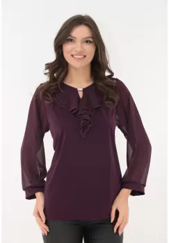 Bluza mov cu volanas dublu la decolteu imagine