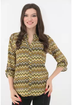 Bluza mustar cu print violet in zig-zag imagine
