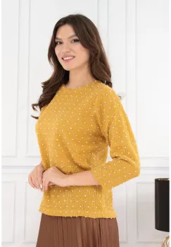Bluza mustar tricotata cu buline albe imagine
