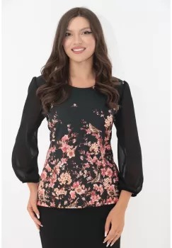 Bluza neagra cu bordura florala caramizie imagine