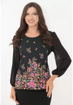 Bluza neagra cu bordura florala roz imagine