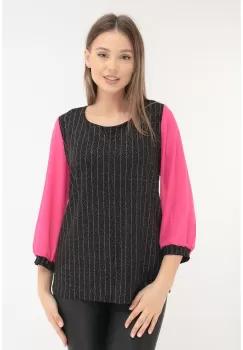 Bluza neagra cu glitter si maneci din voal roz imagine
