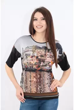 Bluza neagra cu imprimeu cu peisaj imagine