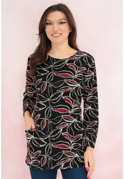 Bluza neagra din jerse cu print floral bordo-alb si buzunare imagine