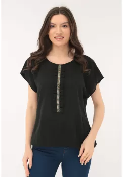 Bluza neagra din panza topita cu volanas frontal decorativ imagine