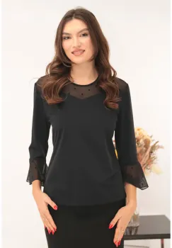 Bluza neagra din vascoza cu insertii din tulle cu buline imagine