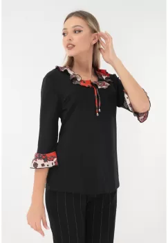 Bluza neagra din vascoza cu volane caramizii imagine