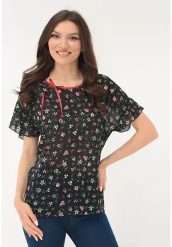 Bluza neagra din voal cu print floral multicolor imagine