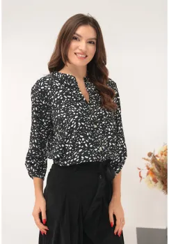 Bluza neagra tip camasa cu print abstract alb imagine