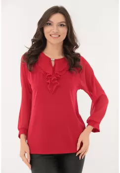 Bluza rosie cu volanas dublu la decolteu imagine