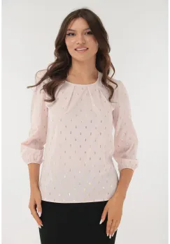 Bluza roz cu print auriu si cu pliuri la decolteu imagine