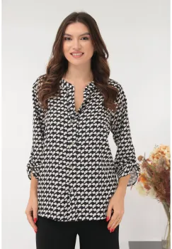 Bluza tip camasa cu print geometric alb-negru imagine