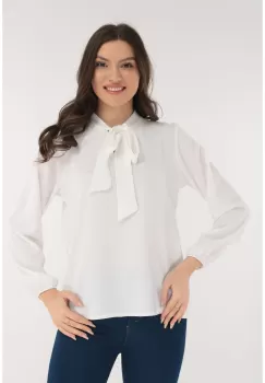 Bluza uni alba cu esarfa la decolteu imagine