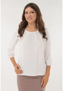 Bluza uni alba cu pliuri la decolteu imagine