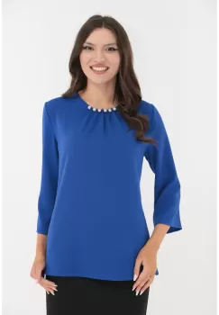 Bluza uni albastra cu perlute la decolteu imagine