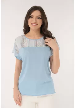 Bluza uni bleu cu insertii din dantela imagine