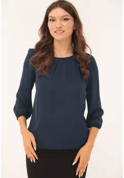 Bluza uni bleumarin cu pliuri la decolteu imagine