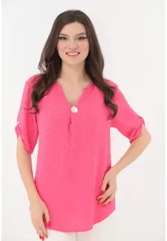 Bluza uni corai accesorizata cu brosa argintie imagine