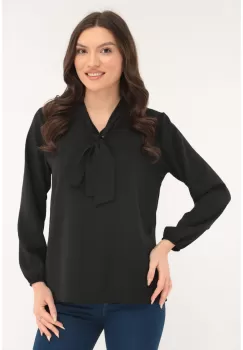 Bluza uni neagra cu esarfa la decolteu imagine