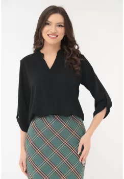 Bluza uni neagra cu guler tunica si bride la maneci imagine