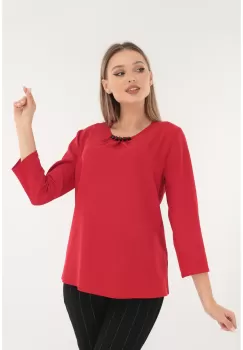 Bluza uni rosie cu perlute negre la decolteu imagine