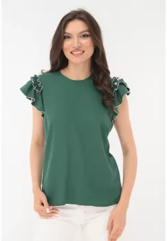 Bluza verde cu volanase si perlute pe umeri imagine