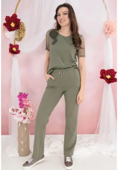 Compleu lejer din bumbac - bluza si pantaloni olive imagine