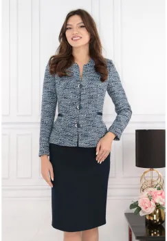 Costum elegant - sacou albastru din stofa bucle si fusta din stofa bleumarin imagine
