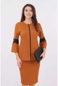 Costum tricotat camel bluza si fusta imagine