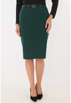 Fusta conica din stofa verde accesorizata in talie cu o curea imagine