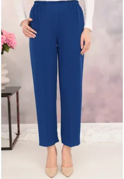 Pantaloni clasici din stofa subtire albastra cu elastic in talie imagine