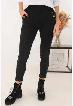 Pantaloni negri accesorizati cu nasturi la buzunare imagine